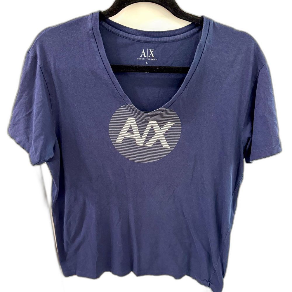 Armani Exchange Women T-Shirt Top Medium Blue White V-neck Short Sleeve